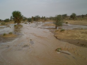 Po dešti se voda valí krajinou, okolí Kidalu, sever Mali, srpen 2008.